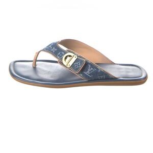Louis Vuitton Flat Sandals Flip Flops Blue Denim with Gold Buckle 39 8.5